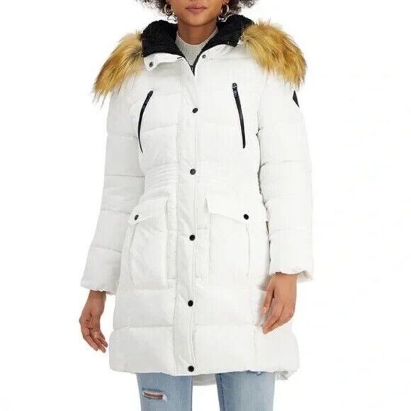 Steve Madden Juniors Faux-Fur-Trim Hooded White Puffer Coat Small New - Picture 1 of 9